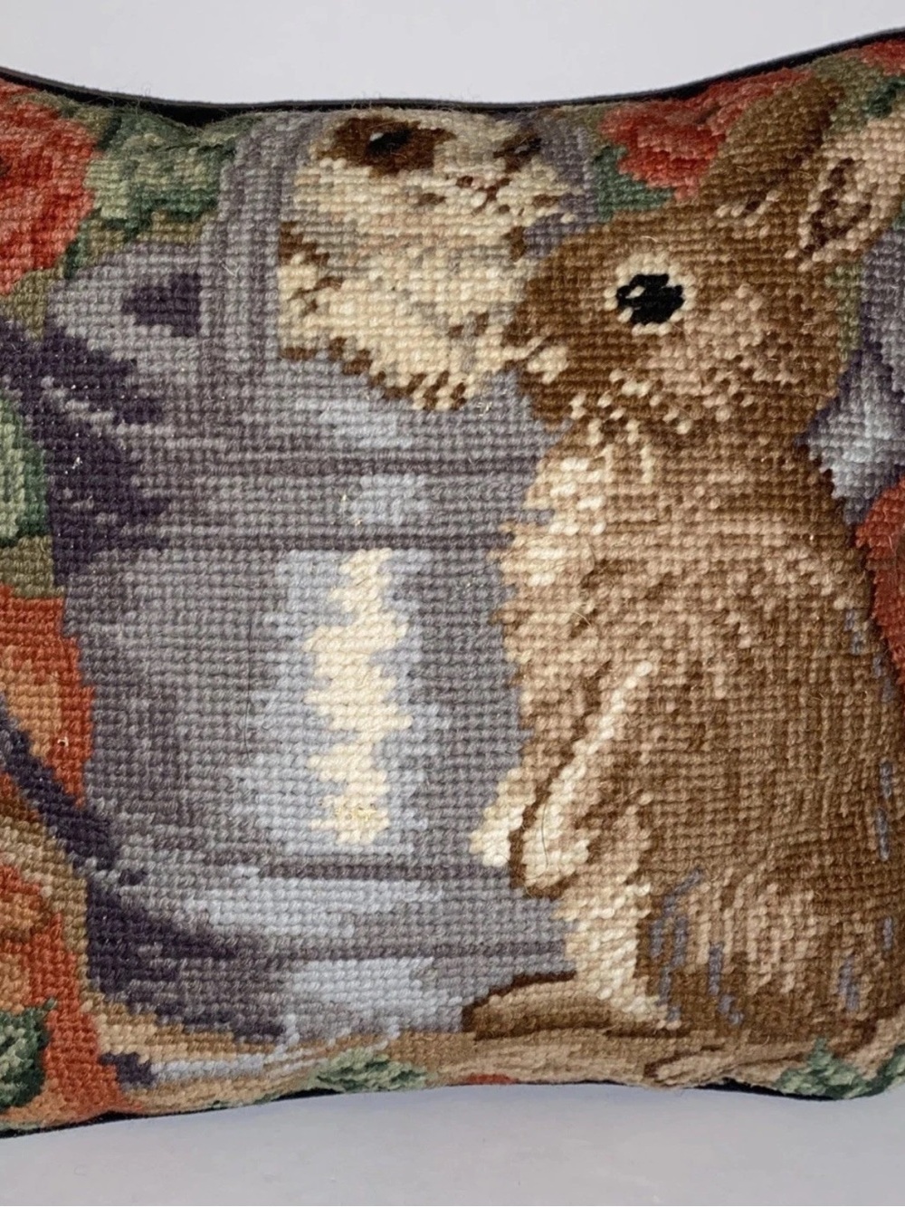 Vintage Needlepoint Pillow Rabbits Bunnies Watering Can Accent Pillow 9" x9"